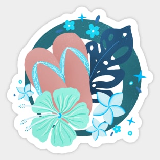 Mint and teal flip flops and tropical flowers badge Sticker